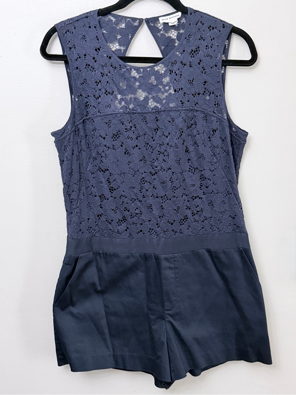 Club Monaco Navy Blue Lace Cutout Back Romper Size 10